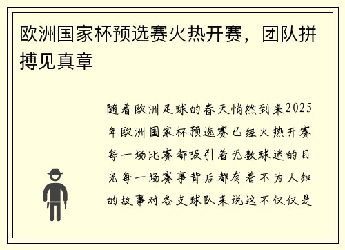 欧洲国家杯预选赛火热开赛,团队拼搏见真章