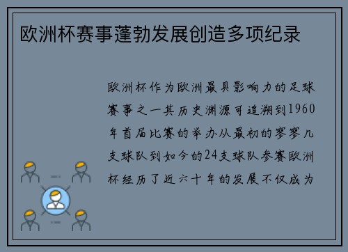 欧洲杯赛事蓬勃发展创造多项纪录