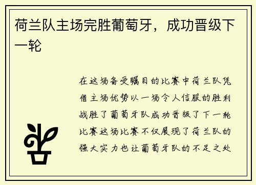 荷兰队主场完胜葡萄牙，成功晋级下一轮