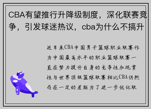 CBA有望推行升降级制度,深化联赛竞争,引发球迷热议,cba为什么不搞升降级