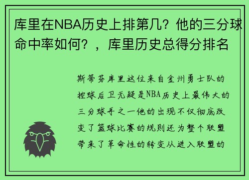 库里在NBA历史上排第几?他的三分球命中率如何?,库里历史总得分排名