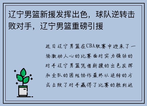 辽宁男篮新援发挥出色,球队逆转击败对手,辽宁男篮重磅引援