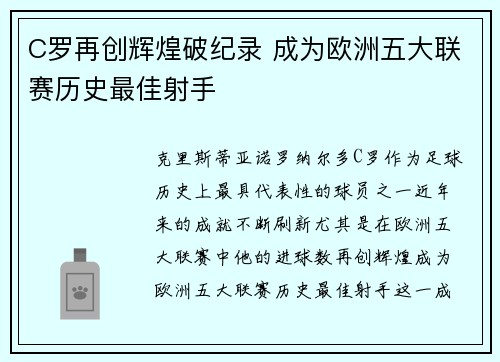C罗再创辉煌破纪录 成为欧洲五大联赛历史最佳射手