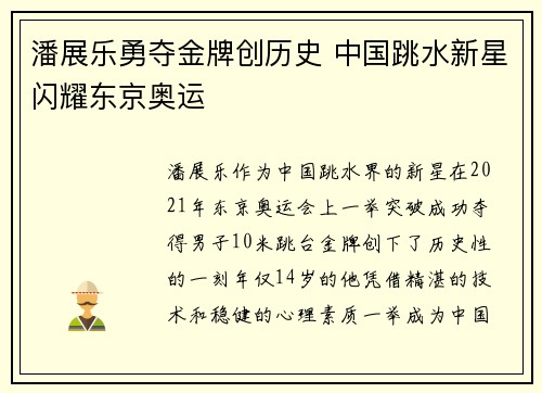 潘展乐勇夺金牌创历史 中国跳水新星闪耀东京奥运