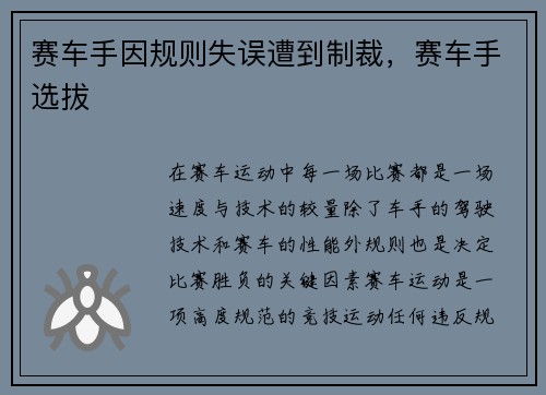 赛车手因规则失误遭到制裁,赛车手选拔