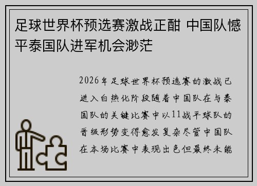 足球世界杯预选赛激战正酣 中国队憾平泰国队进军机会渺茫