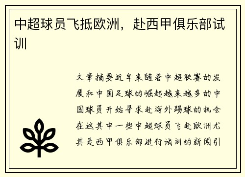 中超球员飞抵欧洲，赴西甲俱乐部试训