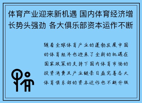 体育产业迎来新机遇 国内体育经济增长势头强劲 各大俱乐部资本运作不断升级